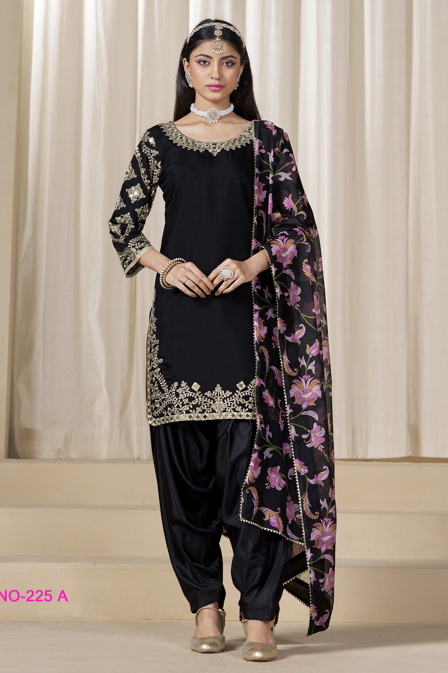 Black Chinon Silk Pakistani Skirt Suits for Weddings with Mirror and Zari Work
