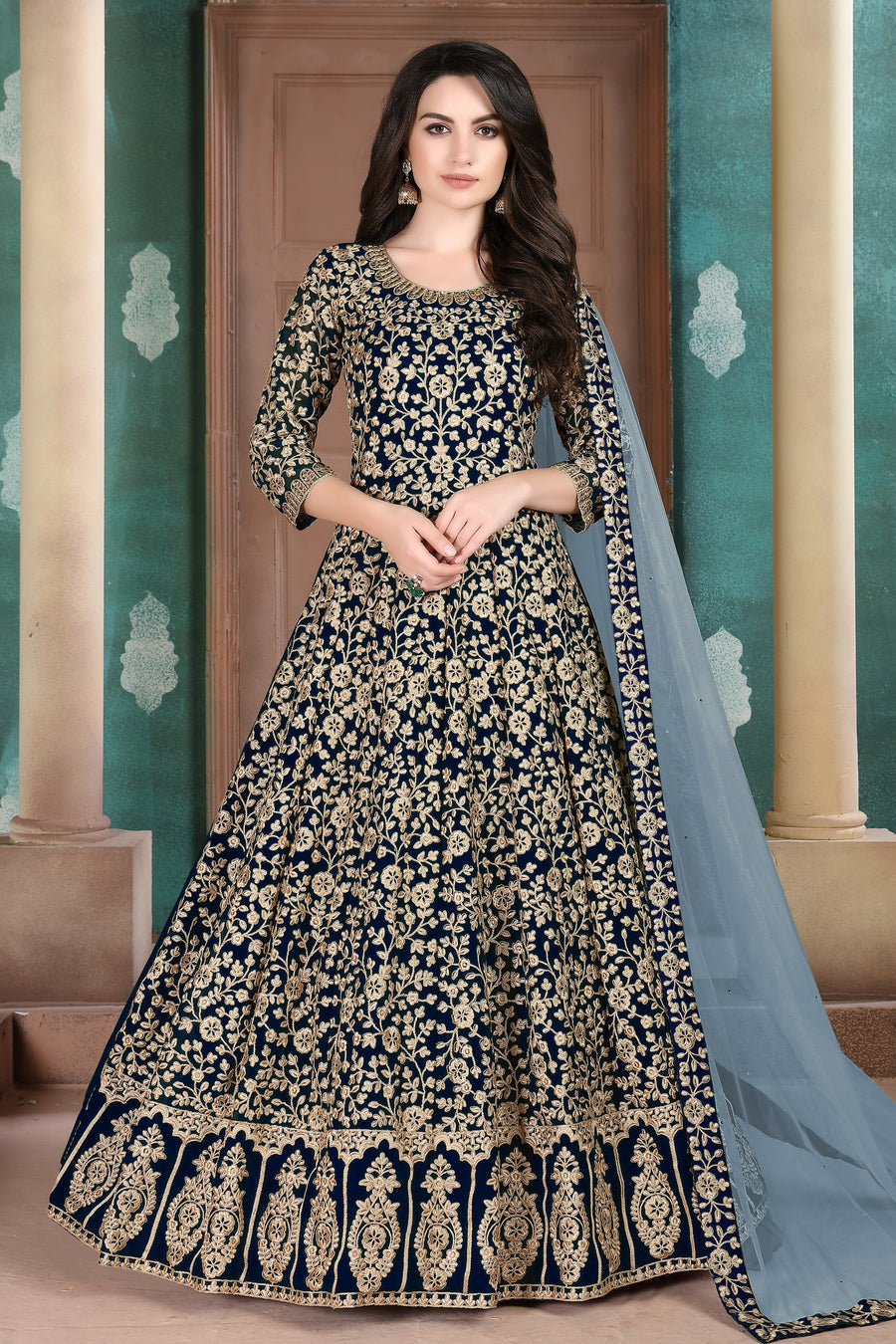 Black Georgette Anarkali Dresses for an Indian Wedding Guest with Thread Work