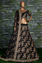 Black Slub Silk Lehenga Choli For Indian Festivals & Pakistani Weddings Dress - Sequence Embroidery Work, Zari Work