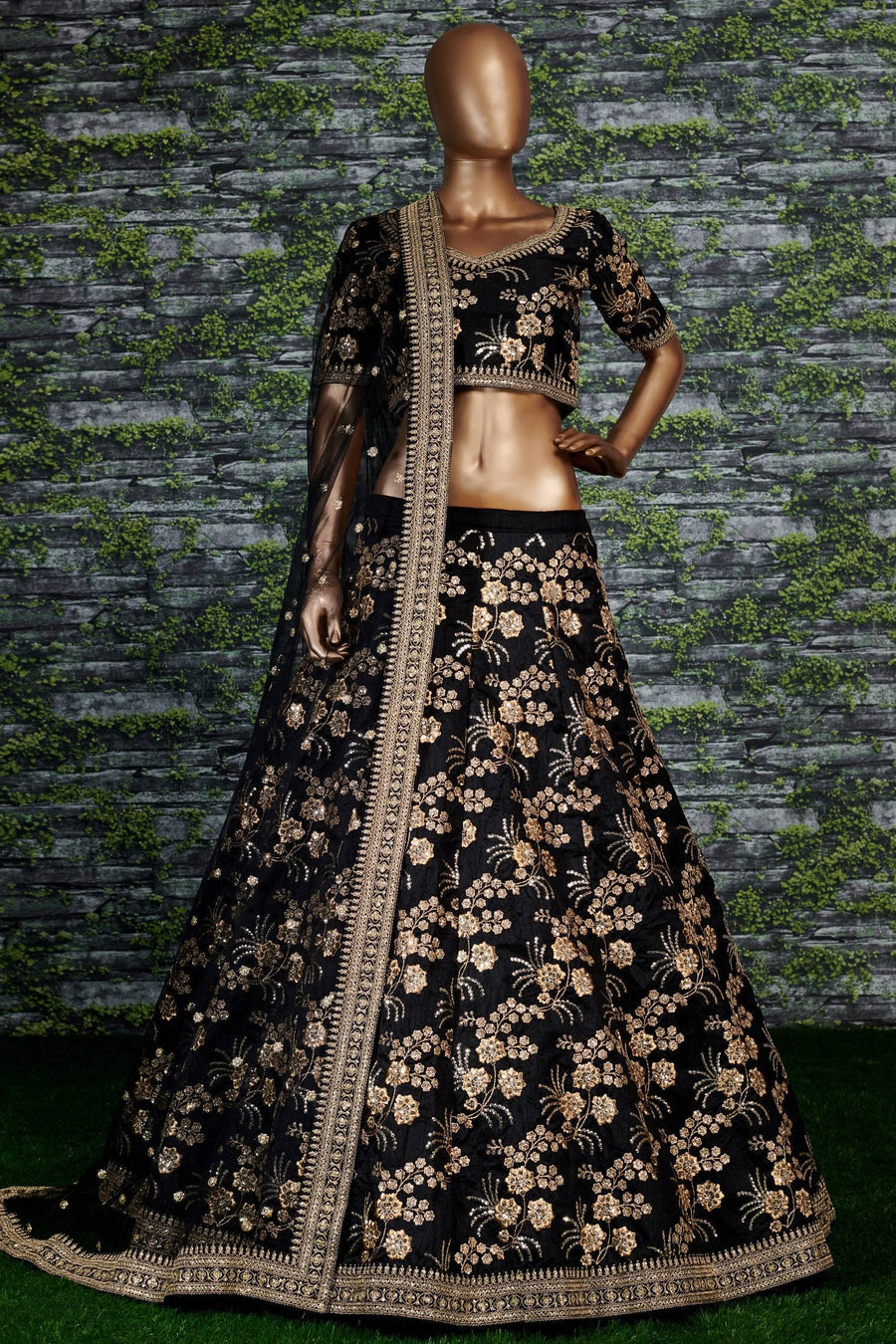 Black Slub Silk Lehenga Choli For Indian Festivals & Pakistani Weddings Dress - Sequence Embroidery Work, Zari Work