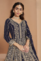 Navy Georgette Anarkali Dress for Reception with Thread and Sequins Work