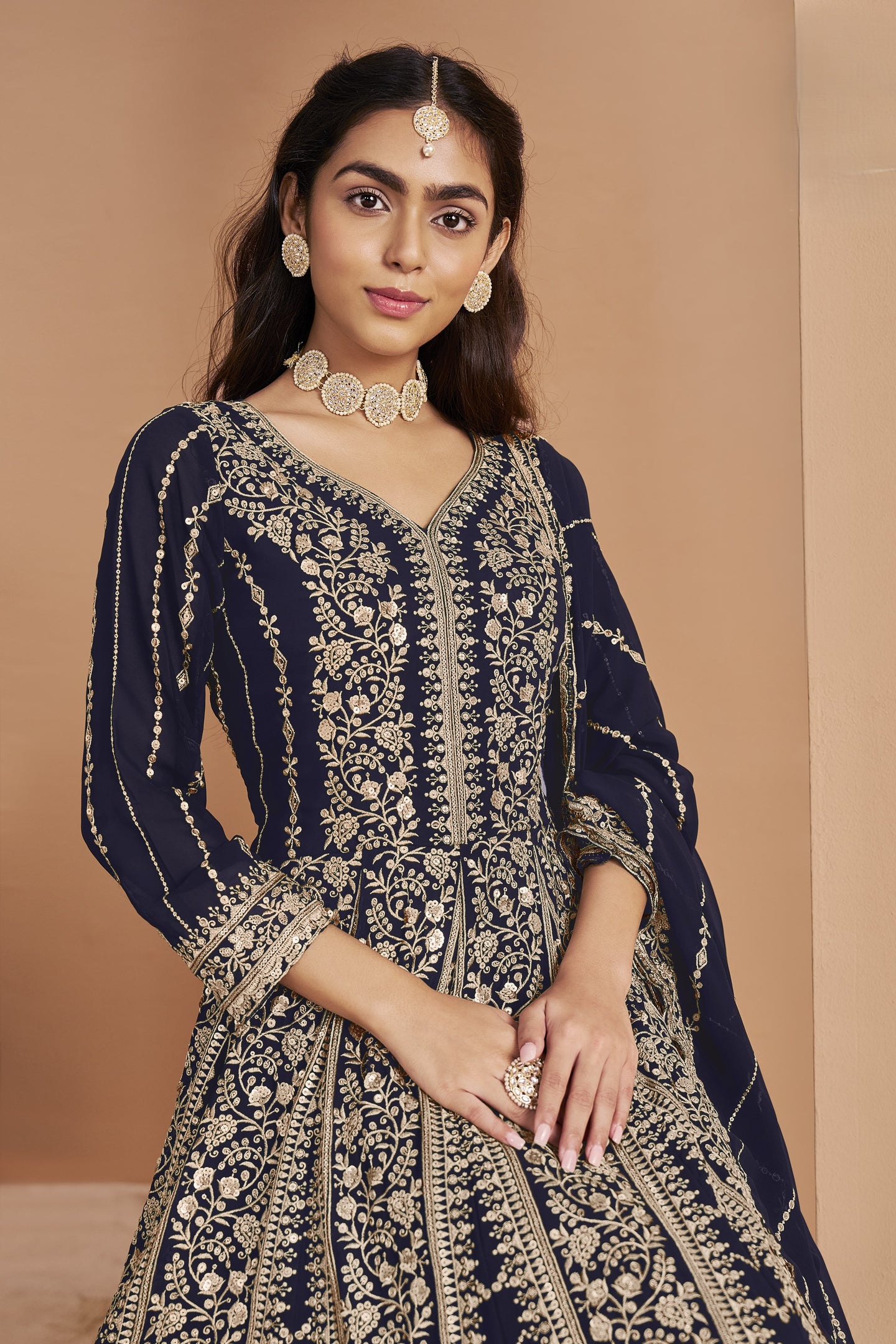 Navy Georgette Anarkali Dress for Reception with Thread and Sequins Work