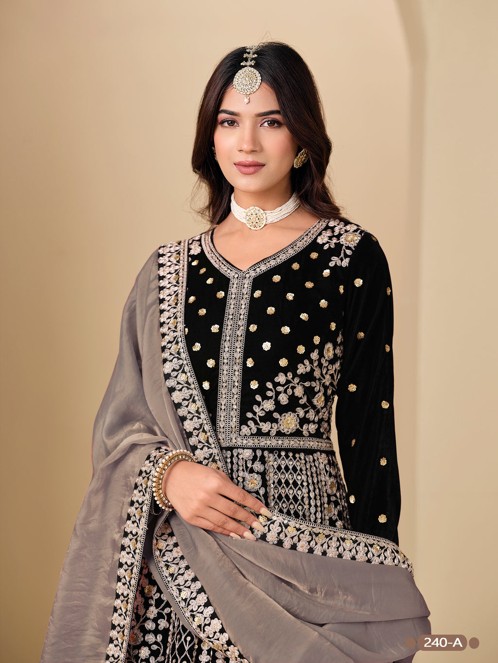 Black Velvet Suit Women Anarkali with Dori and Sequins Work
