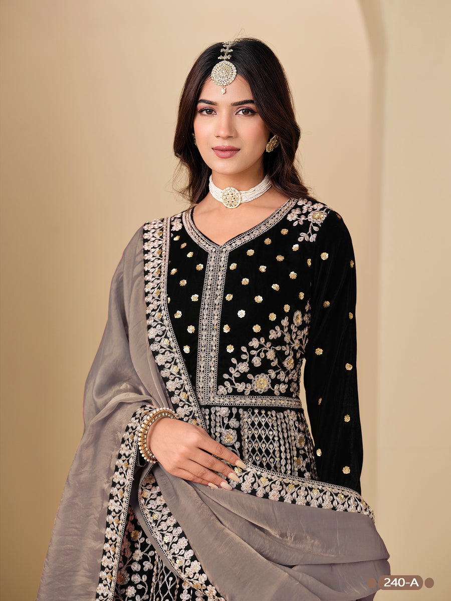 Black Velvet Suit Women Anarkali with Dori and Sequins Work