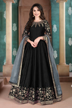 Black Chinon Silk Anarkali with Thread Embroidery for Indian Party Wear Dresses
