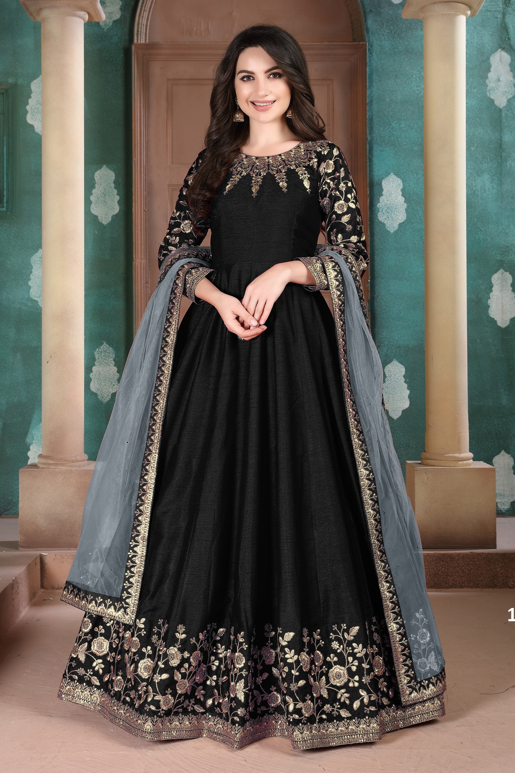 Black Chinon Silk Anarkali with Thread Embroidery for Indian Party Wear Dresses