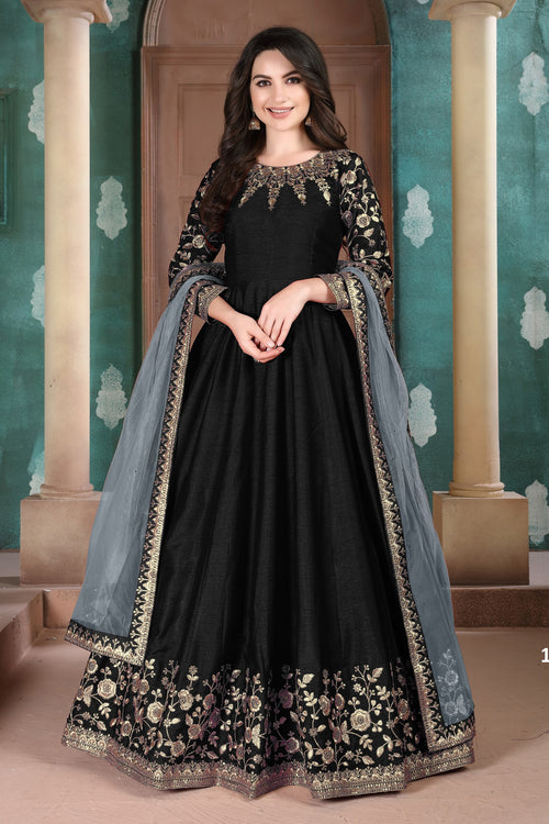 Black Chinon Silk Anarkali with Thread Embroidery for Indian Party Wear Dresses
