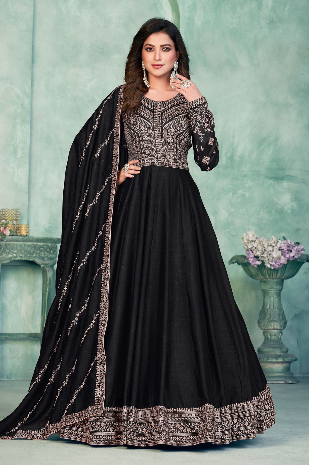 Black Art Silk Anarkali Suit for Wedding with Sequins and Thread Work