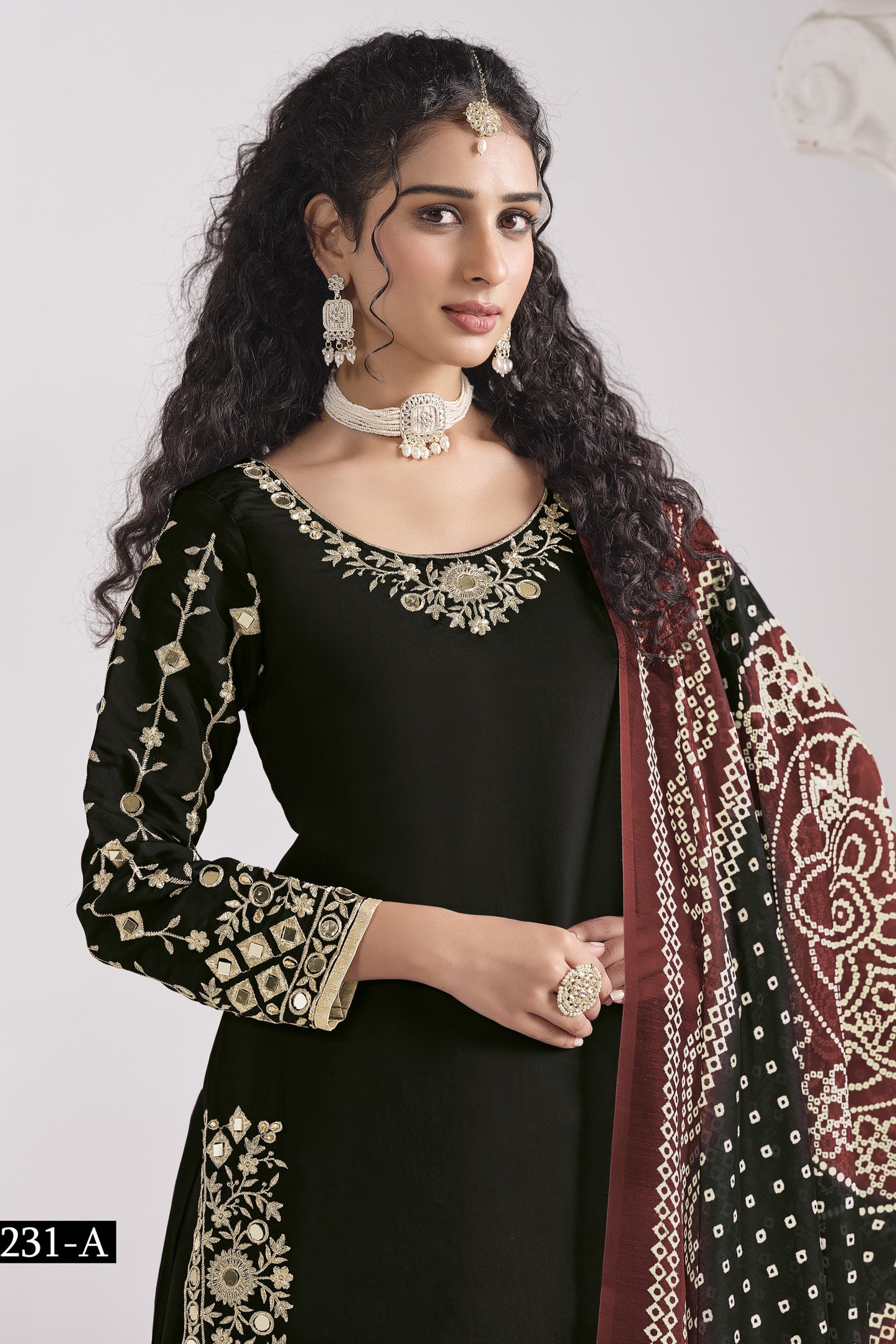 Black Chinon Silk Wedding Salwar Kameez with Zari and Mirror Work