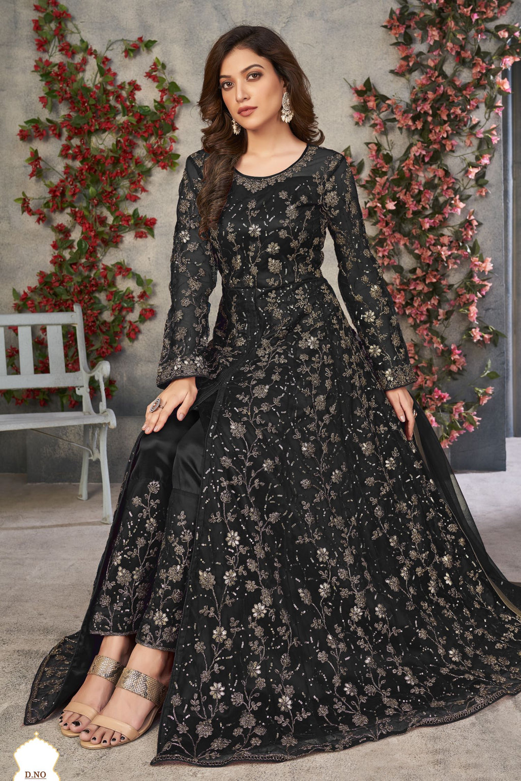 Black Net Anarkali Dress for Women with Thread and Sequins Embroidery Work