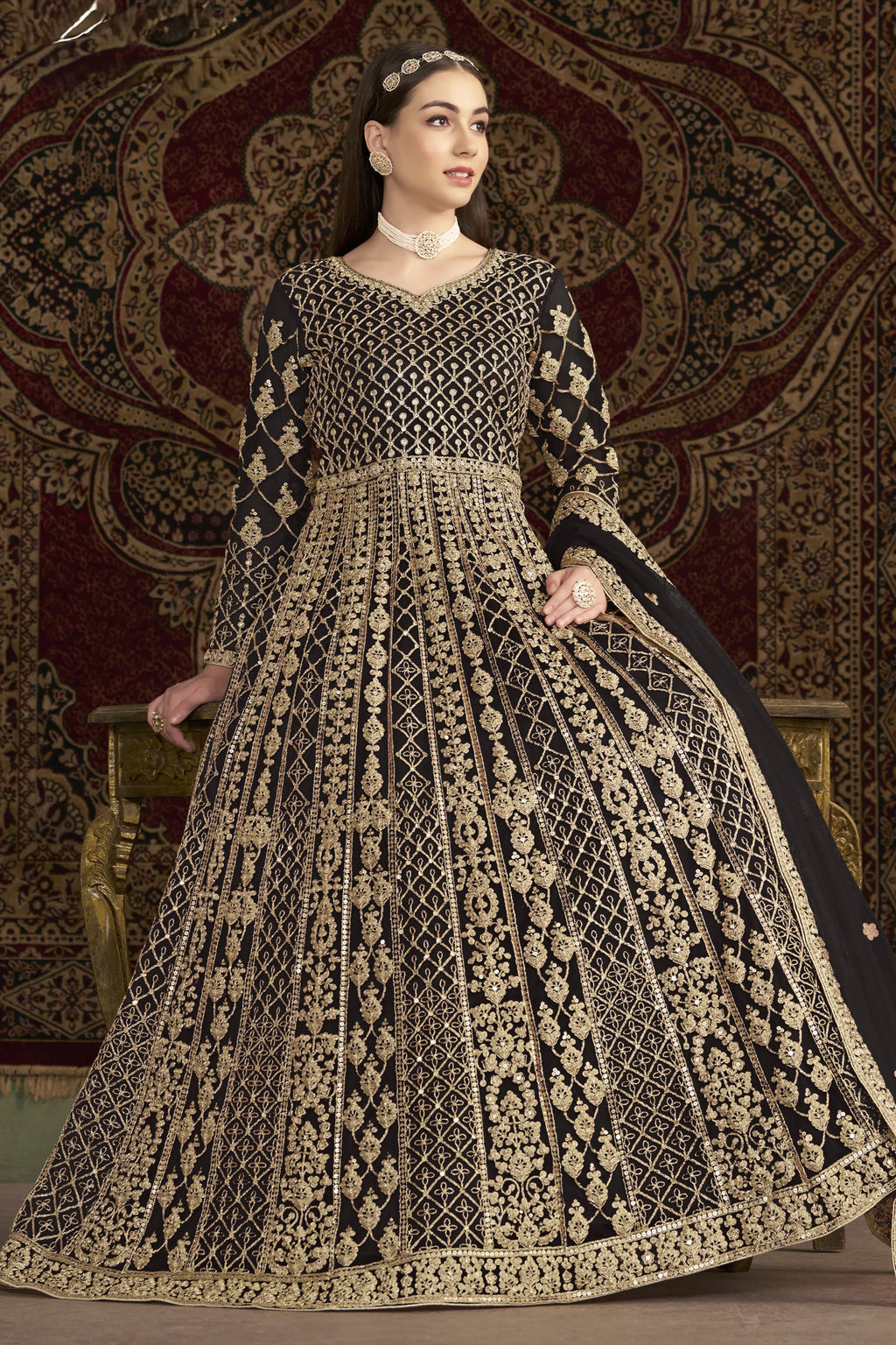 Black Net Anarkali Suits for Wedding with Dori and Sequins Embroidery