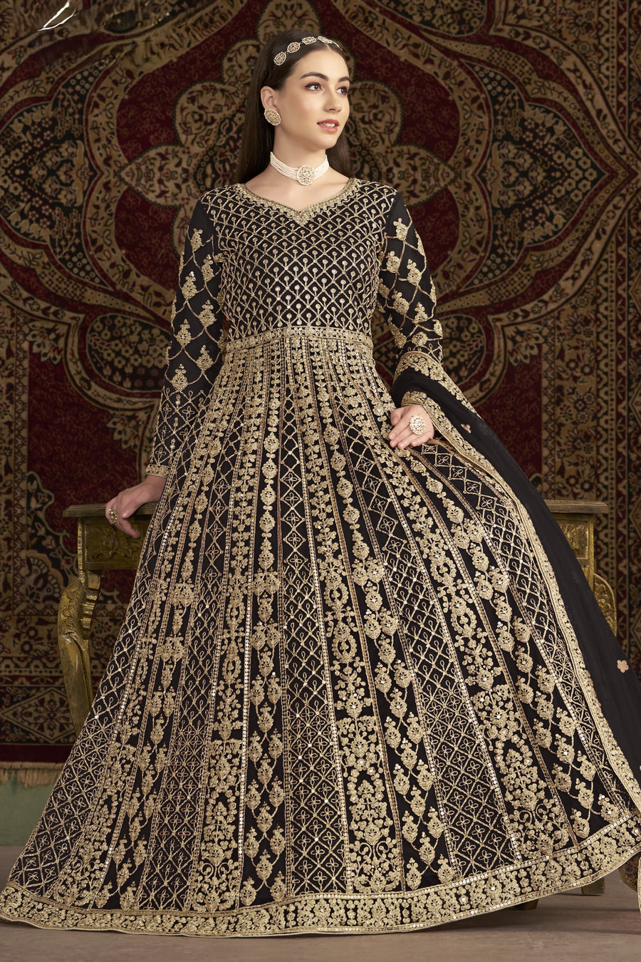 Black Net Anarkali Suits for Wedding with Dori and Sequins Embroidery