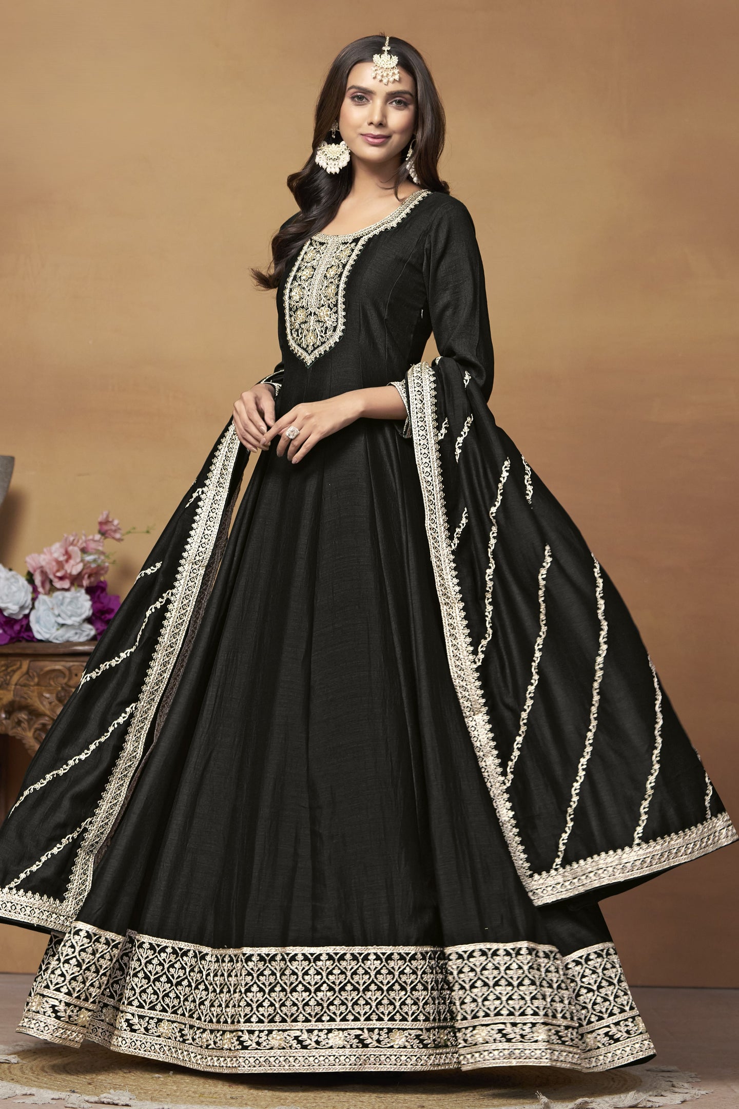 Black Art Silk Plain Anarkali Suit with Sequins and Dori Work