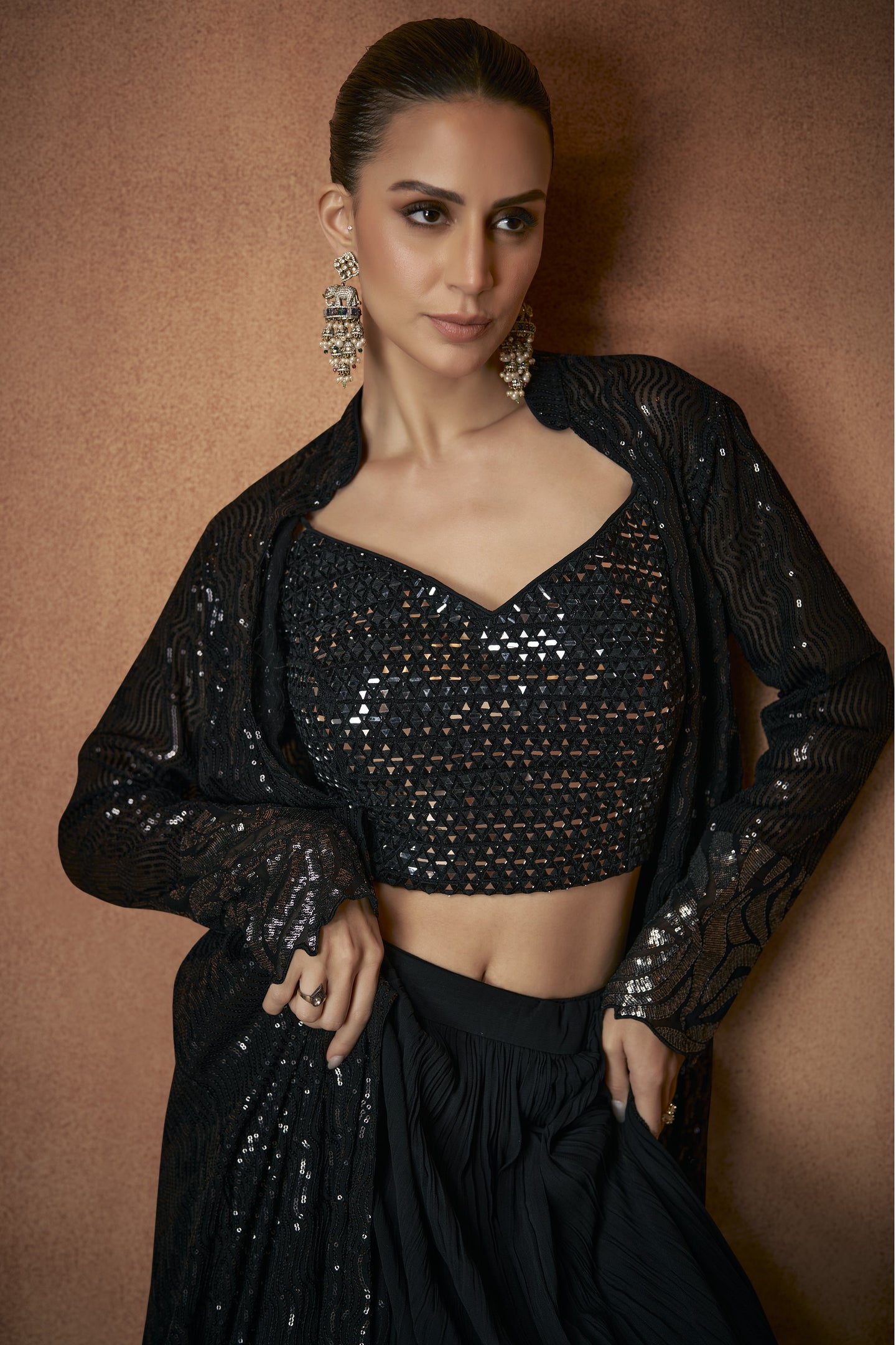 Black Party Wear Dress with Georgette Palazo Suit Jacket Sequin Mirror Work