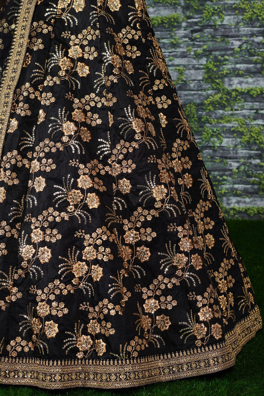 Black Slub Silk Lehenga Choli For Indian Festivals & Pakistani Weddings Dress - Sequence Embroidery Work, Zari Work