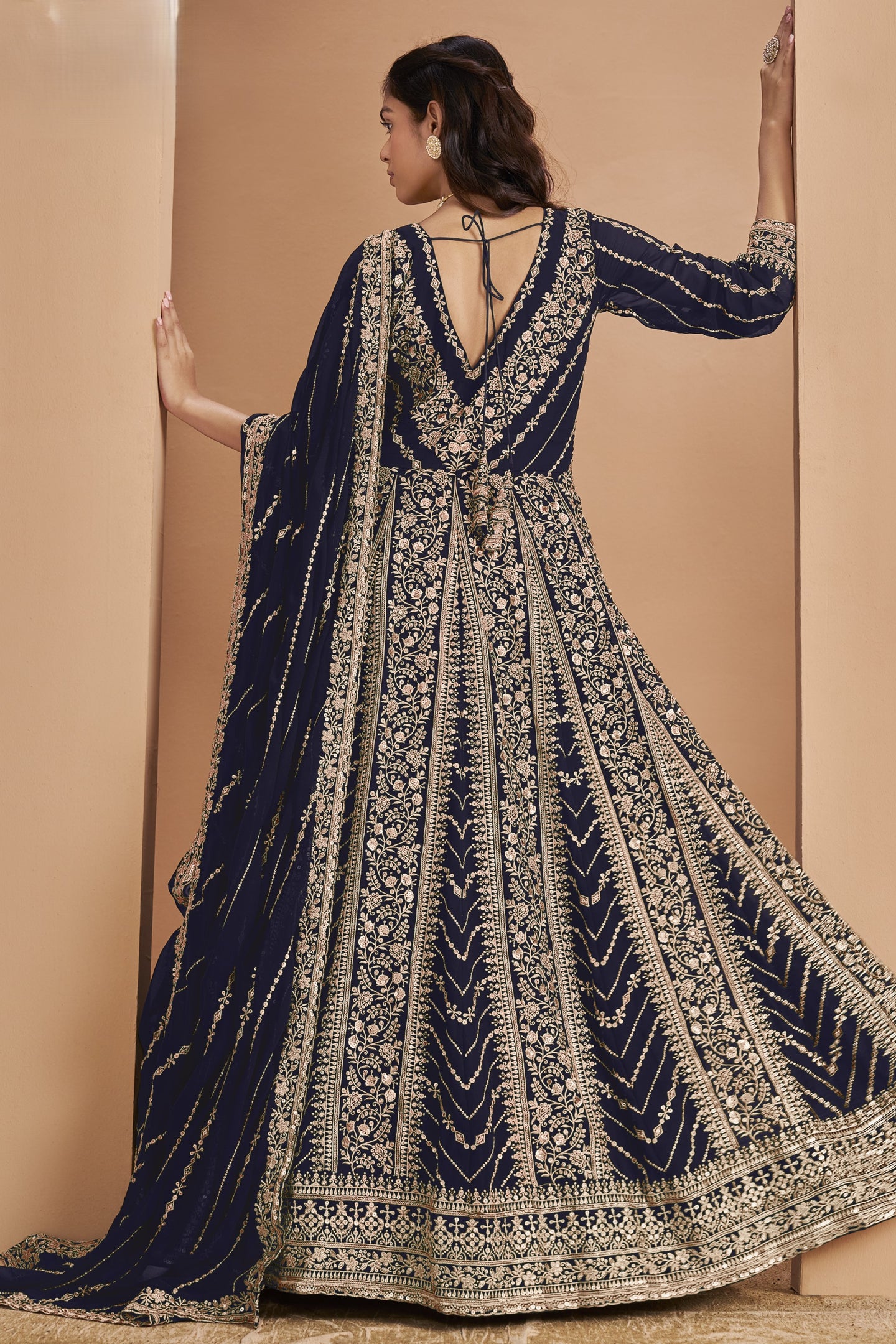 Navy Georgette Anarkali Dress for Reception with Thread and Sequins Work