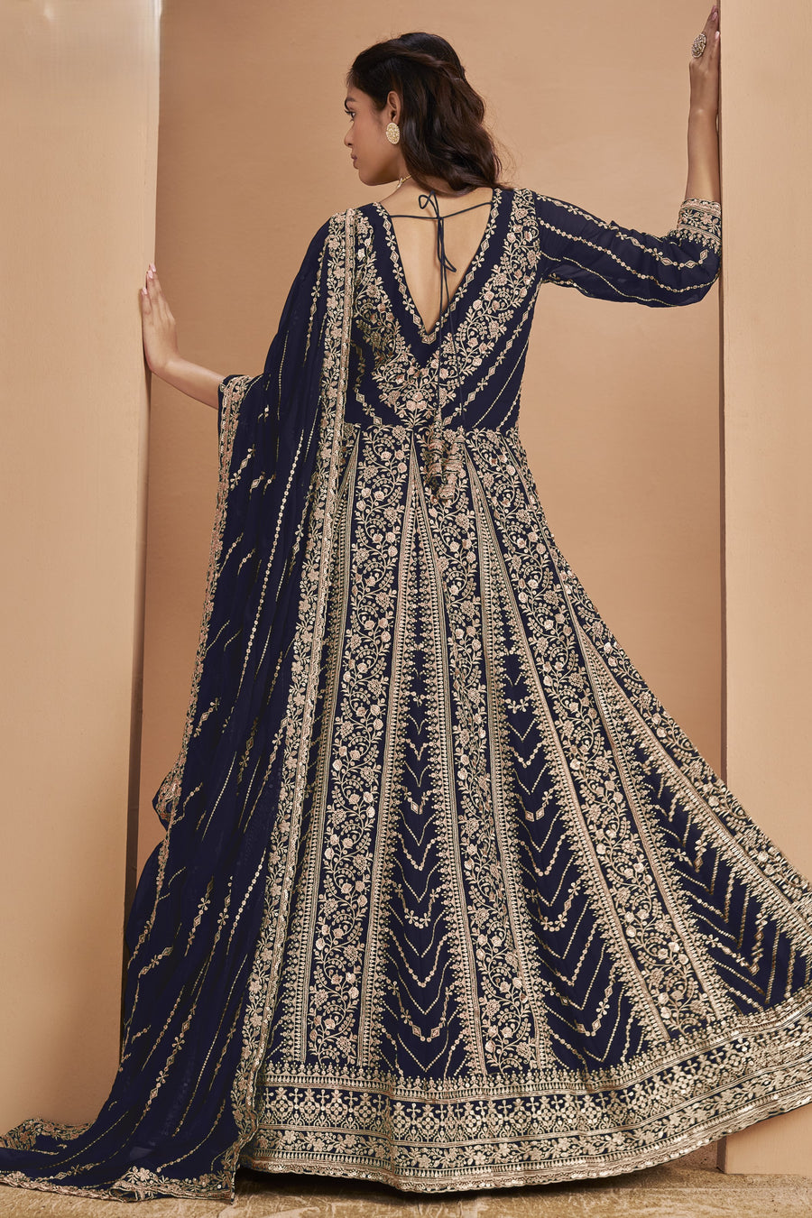 Navy Georgette Anarkali Dress for Reception with Thread and Sequins Work