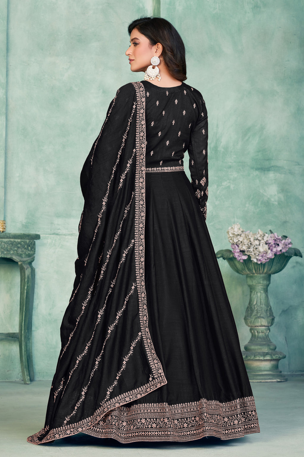 Black Art Silk Anarkali Suit for Wedding with Sequins and Thread Work