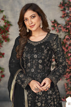 Black Net Anarkali Dress for Women with Thread and Sequins Embroidery Work