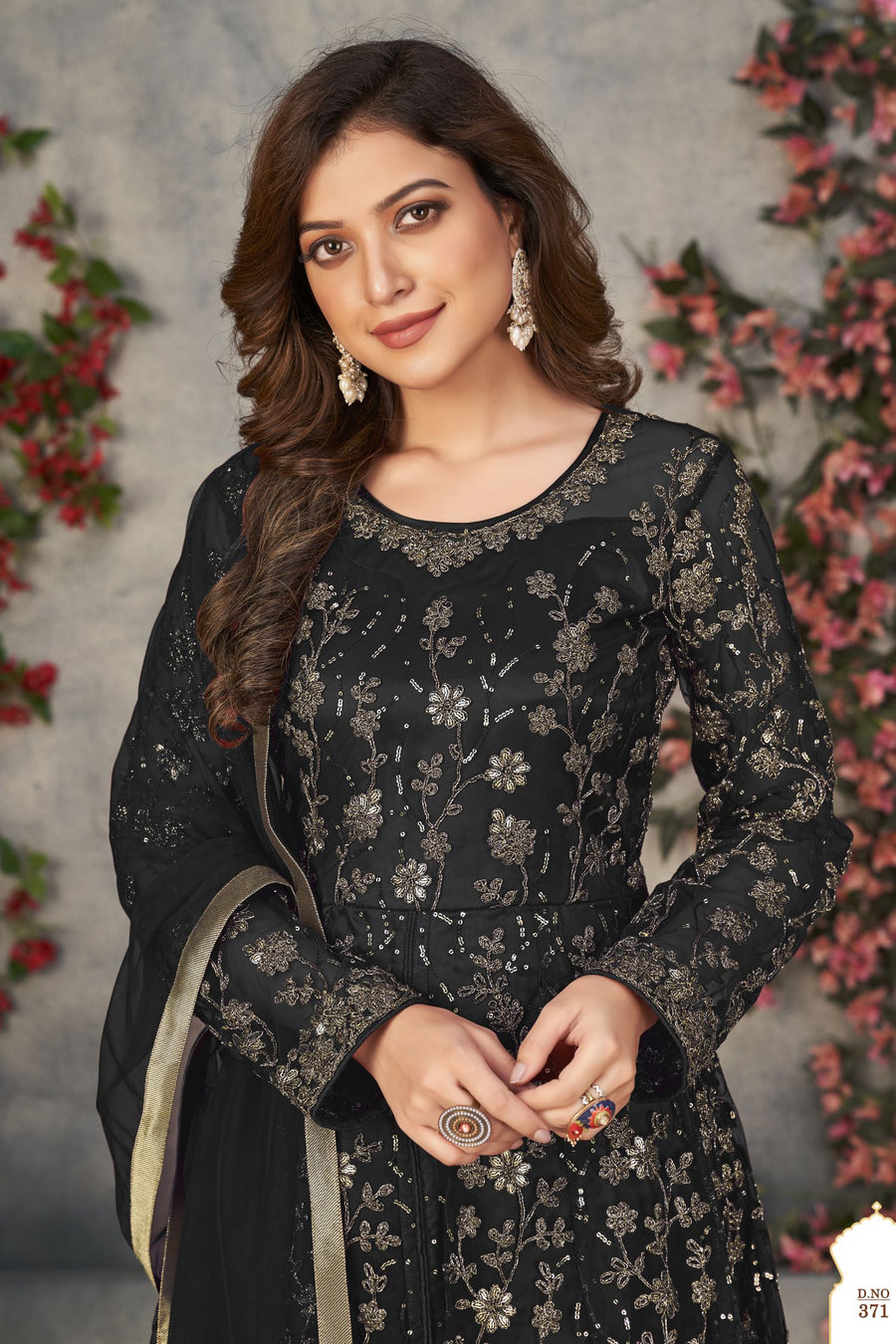 Black Net Anarkali Dress for Women with Thread and Sequins Embroidery Work