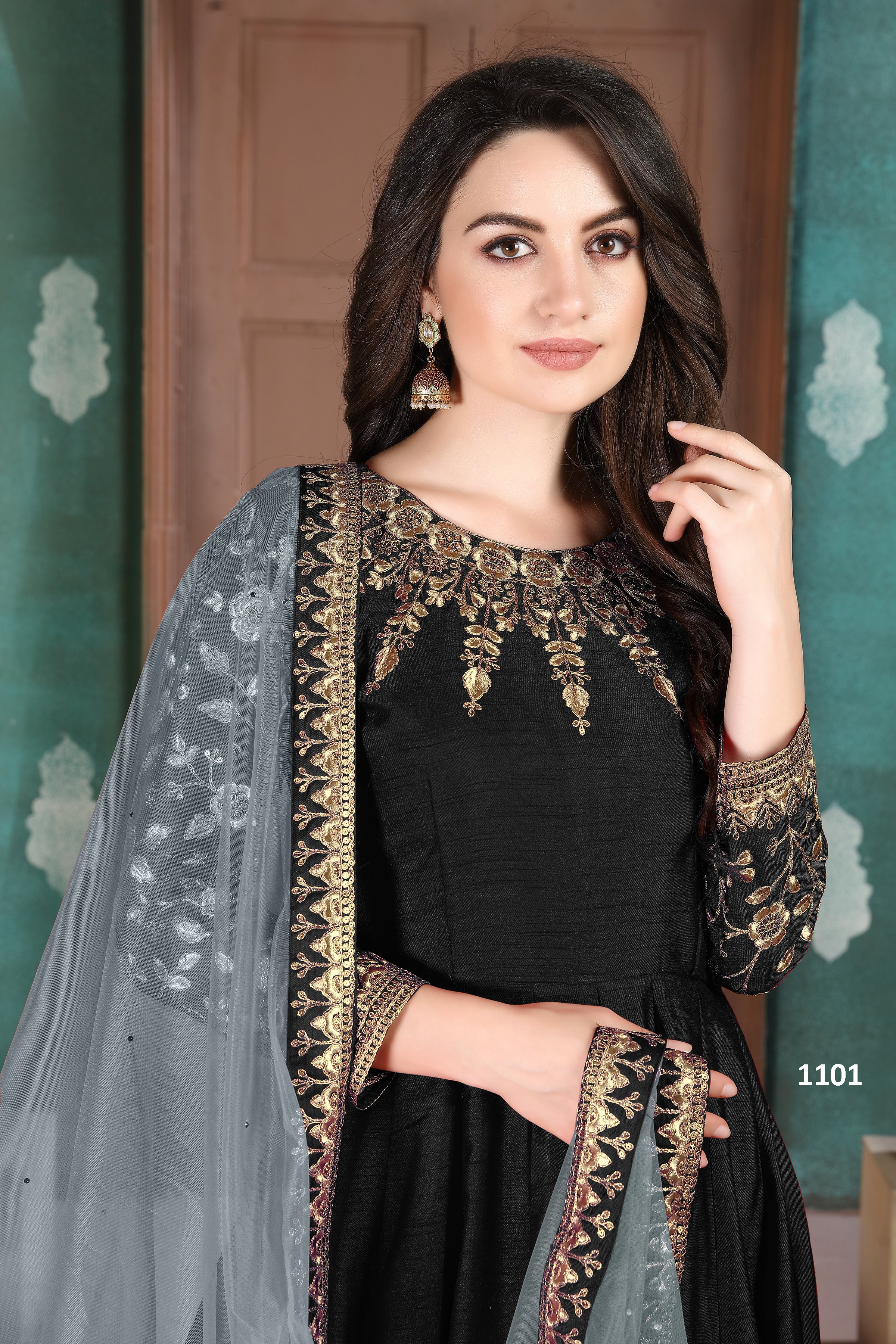 Black Chinon Silk Anarkali with Thread Embroidery for Indian Party Wear Dresses