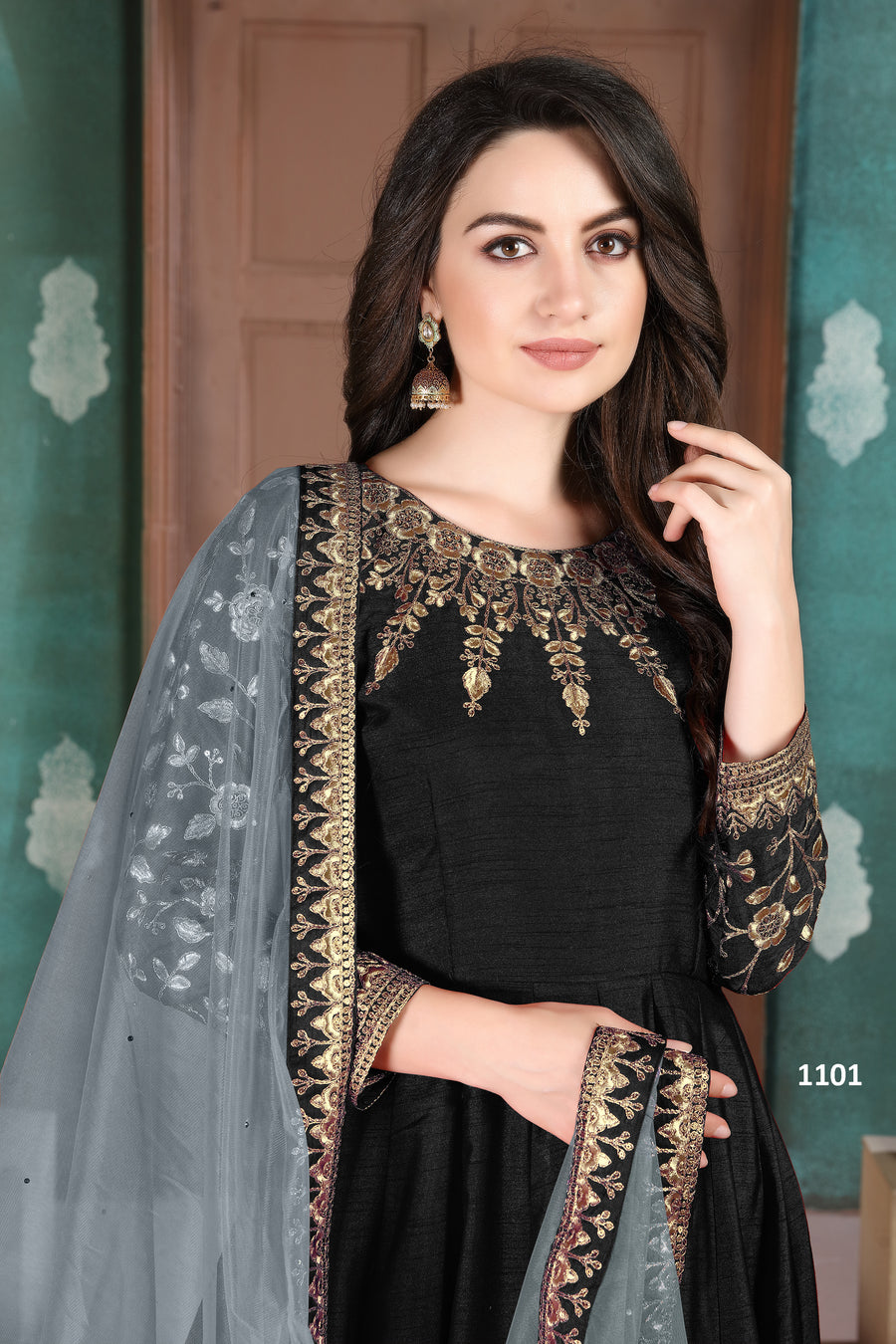 Black Chinon Silk Anarkali with Thread Embroidery for Indian Party Wear Dresses