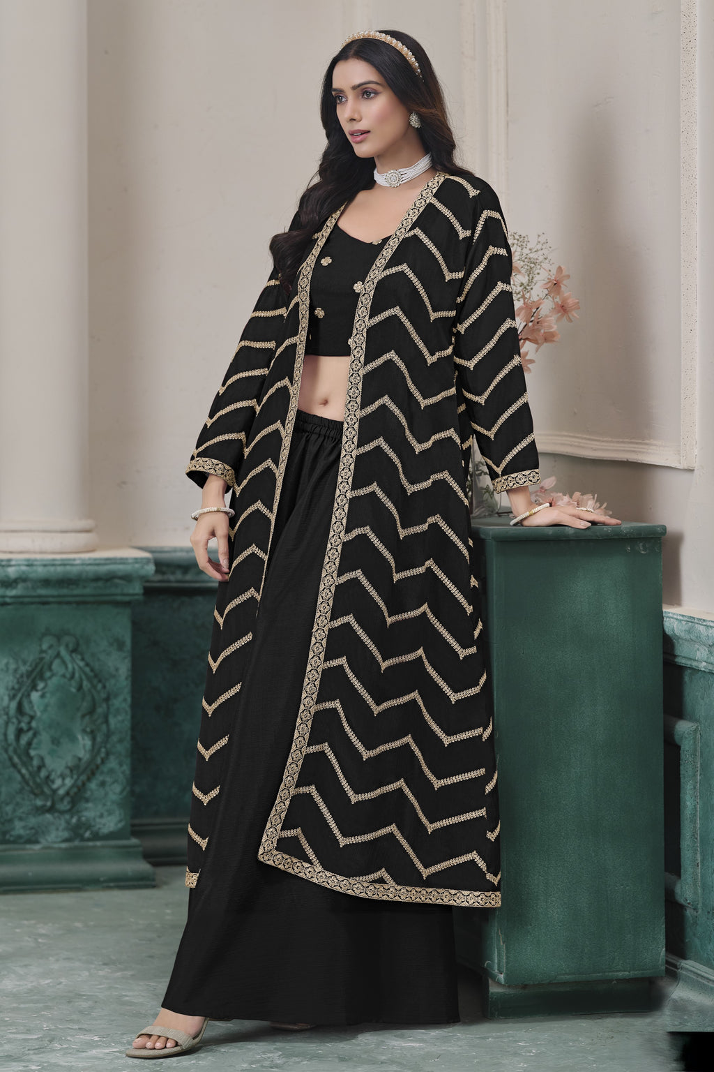 Black Chinon Silk Thread Work Crop Top with Jacket and Palazzo