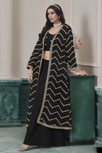 Black Chinon Silk Thread Work Crop Top with Jacket and Palazzo