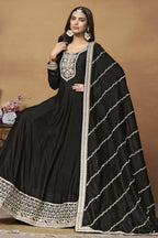 Black Art Silk Plain Anarkali Suit with Sequins and Dori Work