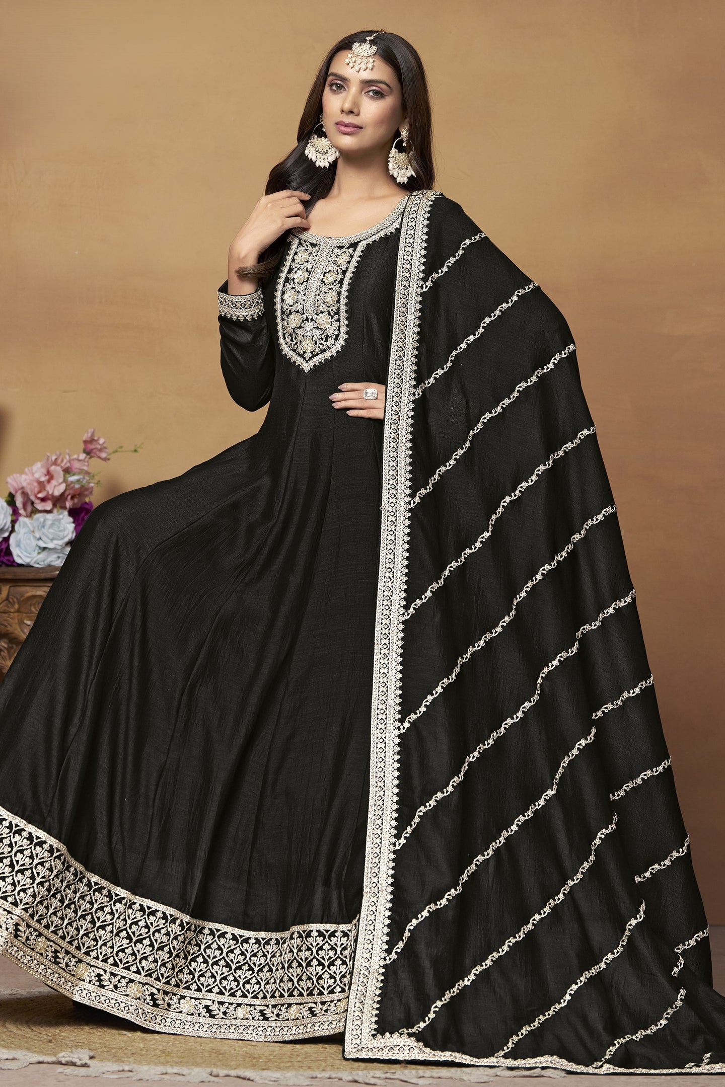 Black Art Silk Plain Anarkali Suit with Sequins and Dori Work