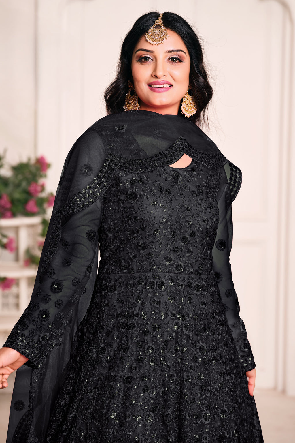 Black Net Sequins Embroidery Anarkali Outfits for Mehndi