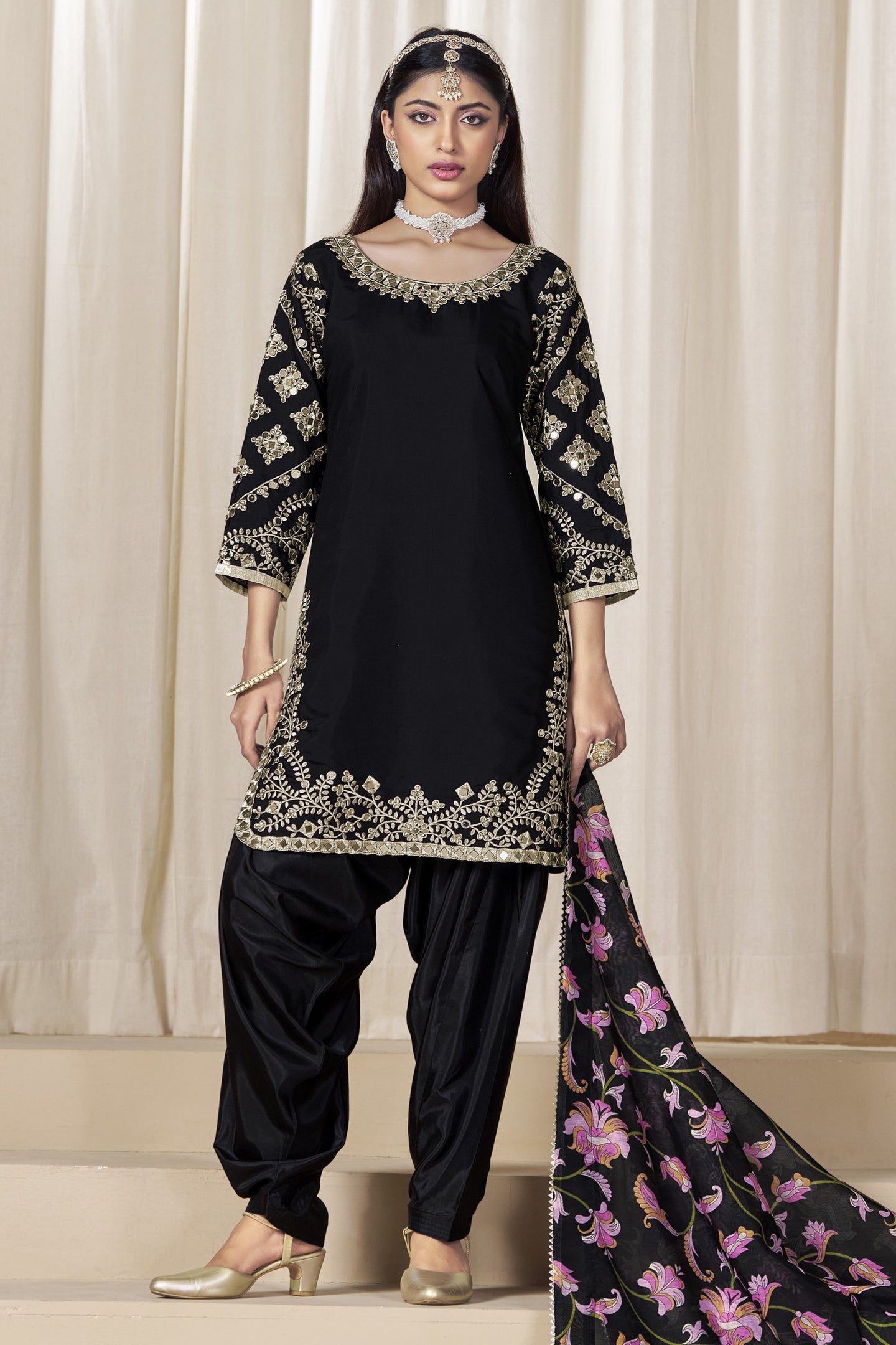 Black Chinon Silk Pakistani Skirt Suits for Weddings with Mirror and Zari Work