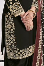 Black Chinon Silk Wedding Salwar Kameez with Zari and Mirror Work
