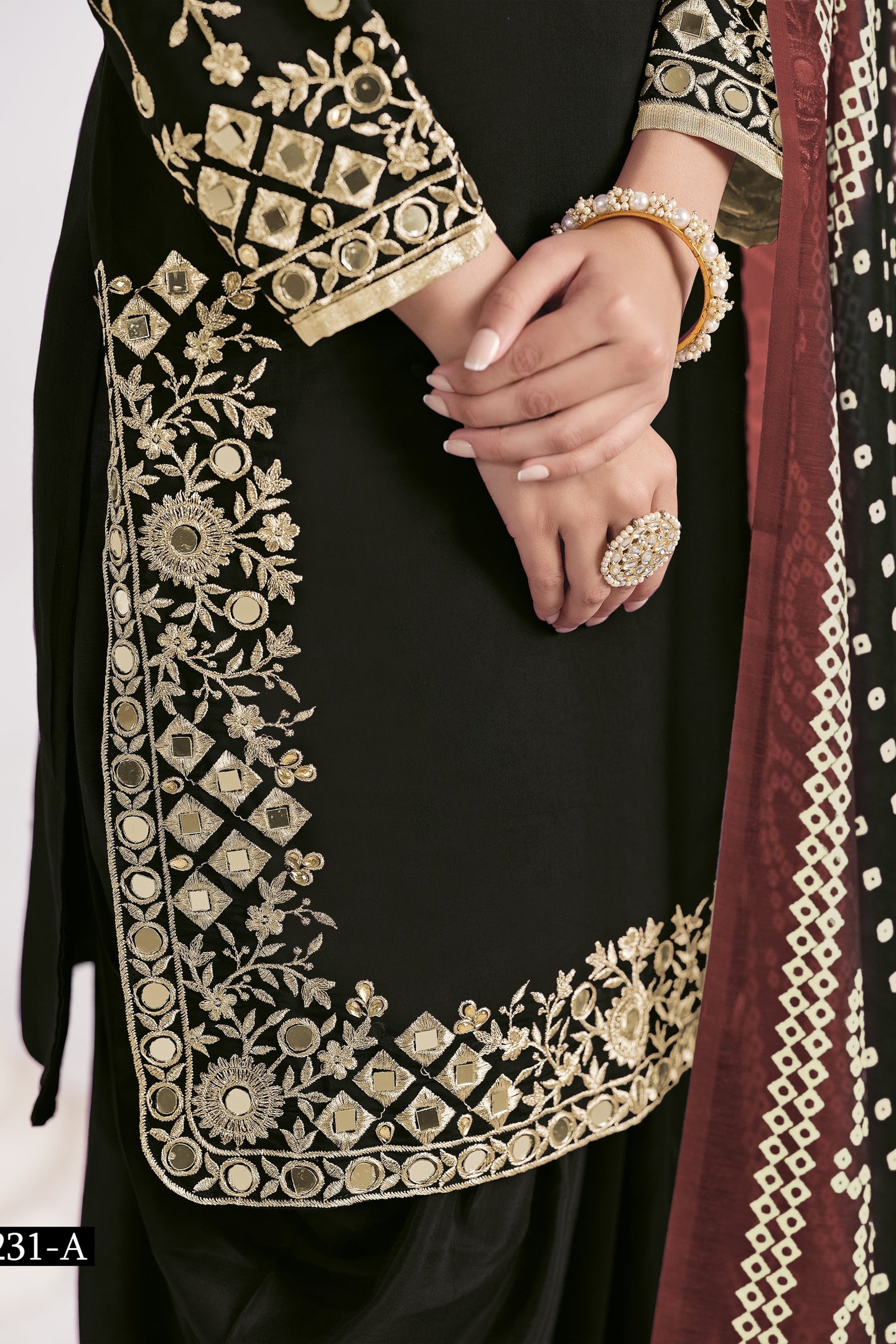 Black Chinon Silk Wedding Salwar Kameez with Zari and Mirror Work