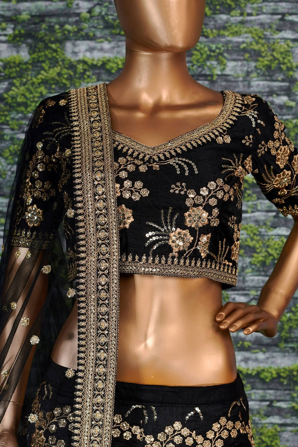 Black Slub Silk Lehenga Choli For Indian Festivals & Pakistani Weddings Dress - Sequence Embroidery Work, Zari Work