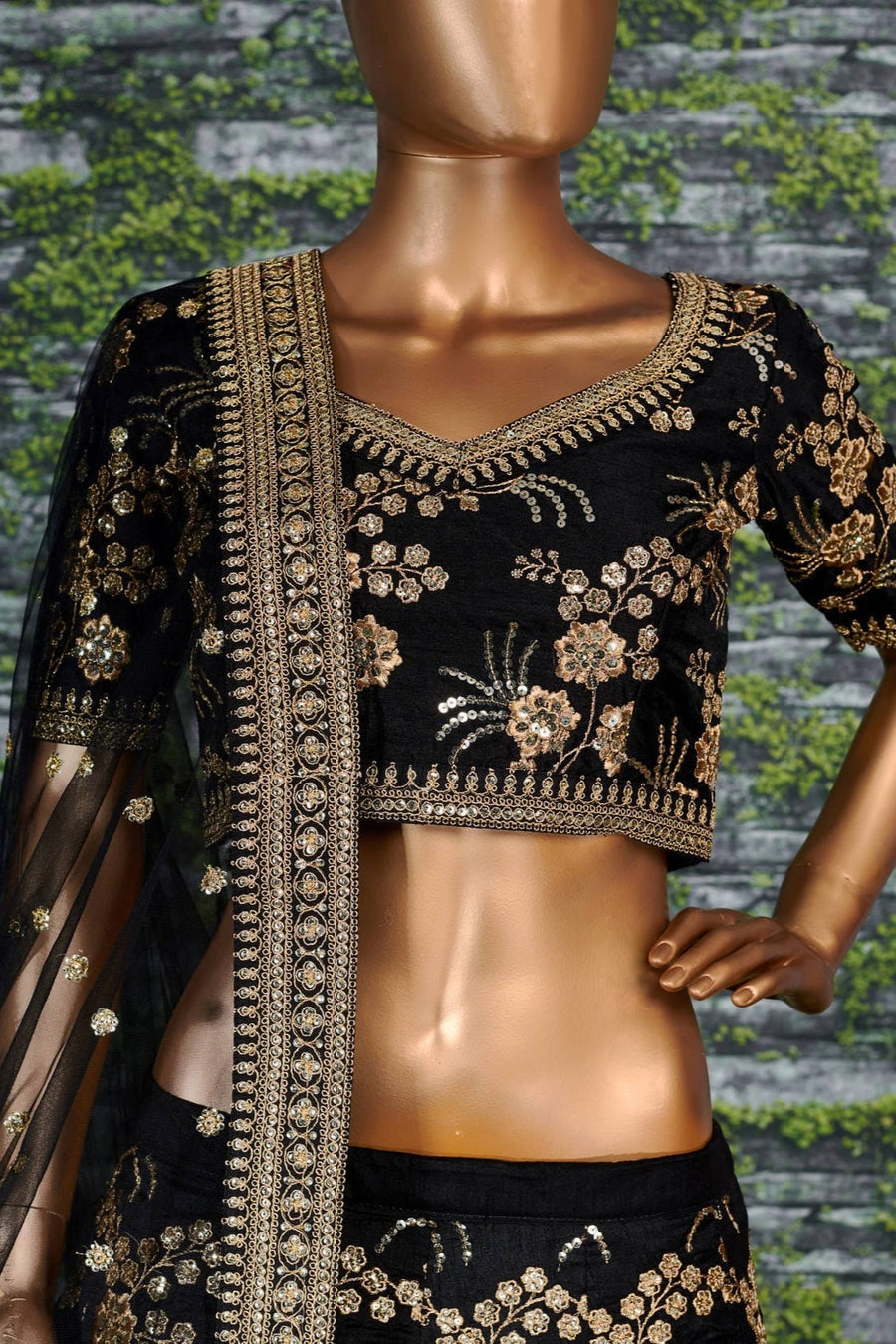 Black Slub Silk Lehenga Choli For Indian Festivals & Pakistani Weddings Dress - Sequence Embroidery Work, Zari Work