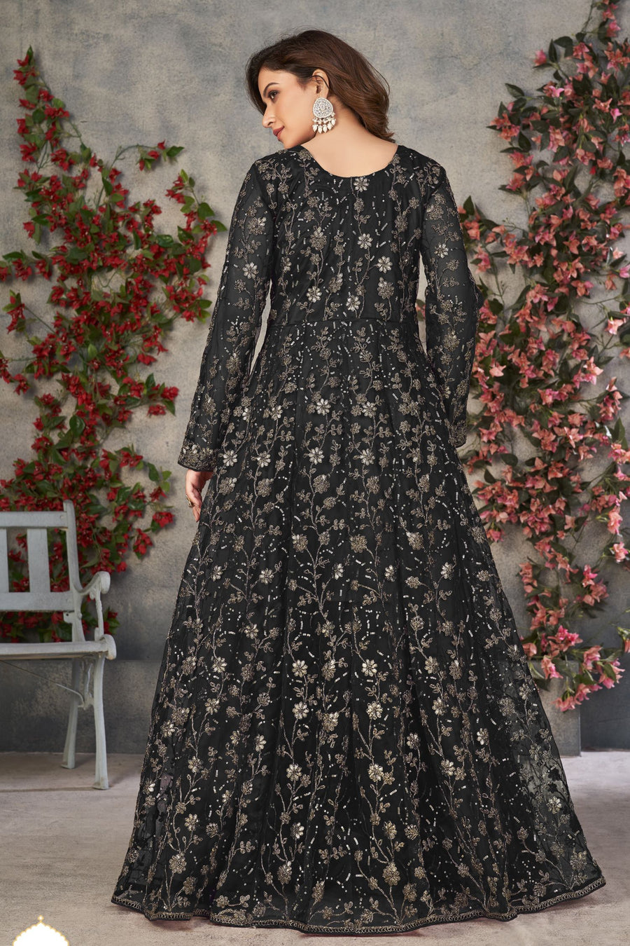 Black Net Anarkali Dress for Women with Thread and Sequins Embroidery Work