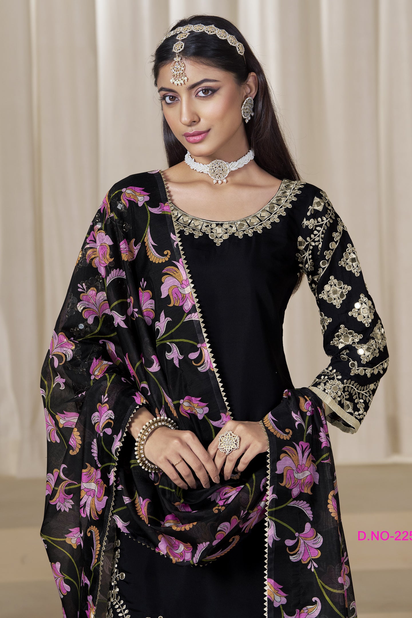 Black Chinon Silk Pakistani Skirt Suits for Weddings with Mirror and Zari Work