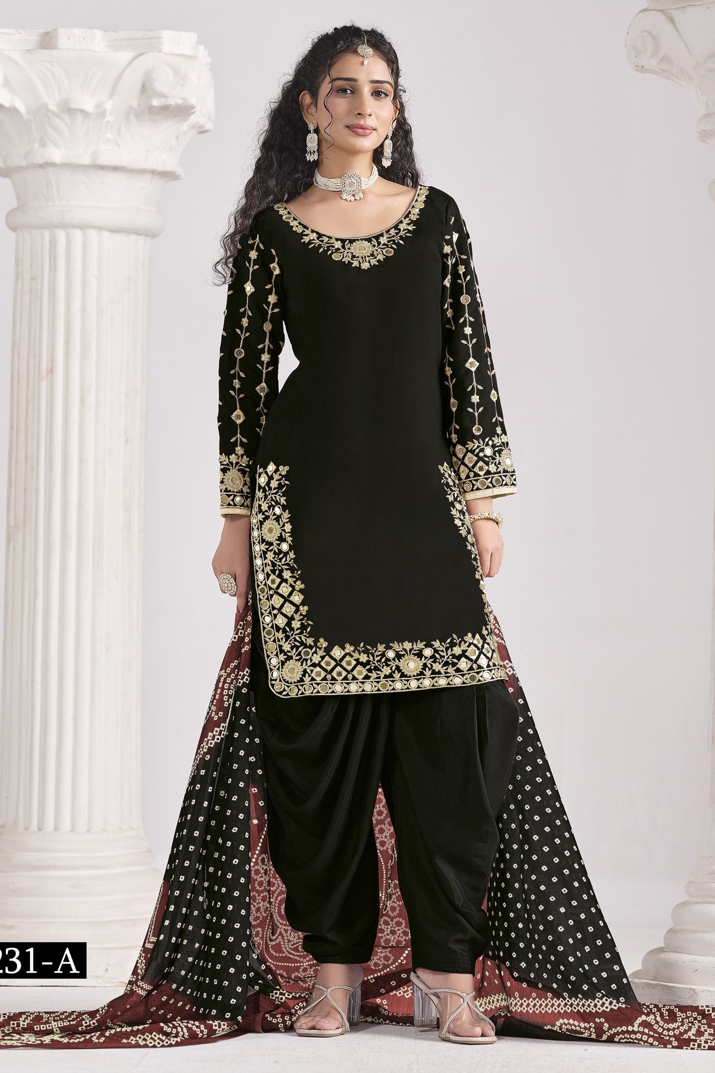 Black Chinon Silk Wedding Salwar Kameez with Zari and Mirror Work