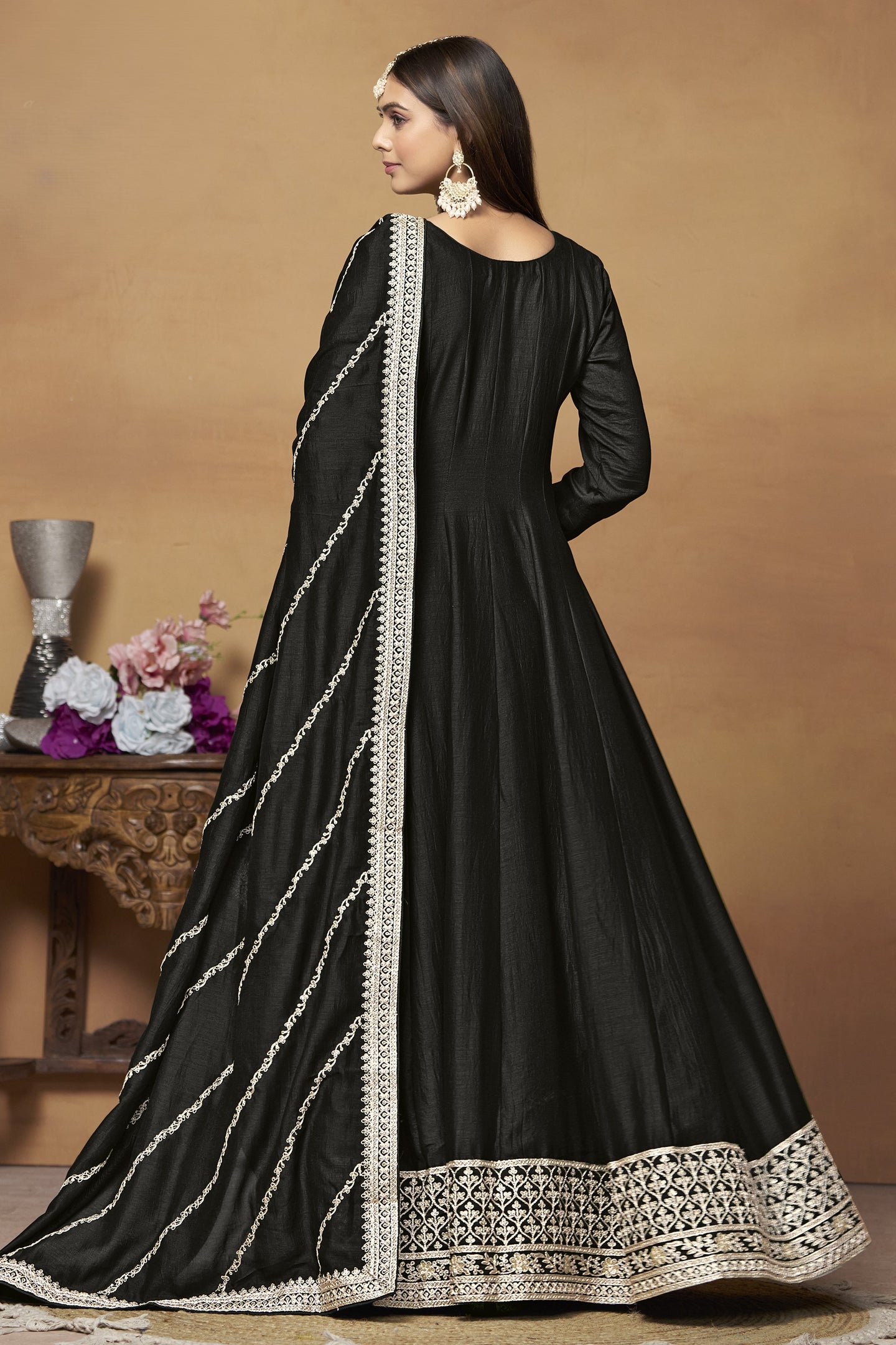 Black Art Silk Plain Anarkali Suit with Sequins and Dori Work