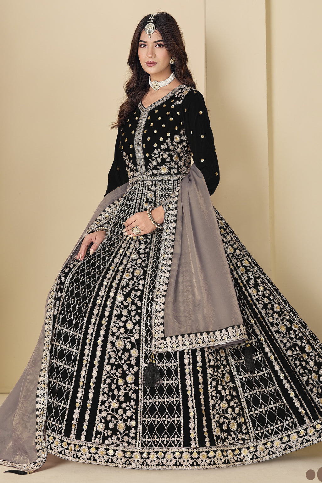Black Velvet Suit Women Anarkali with Dori and Sequins Work