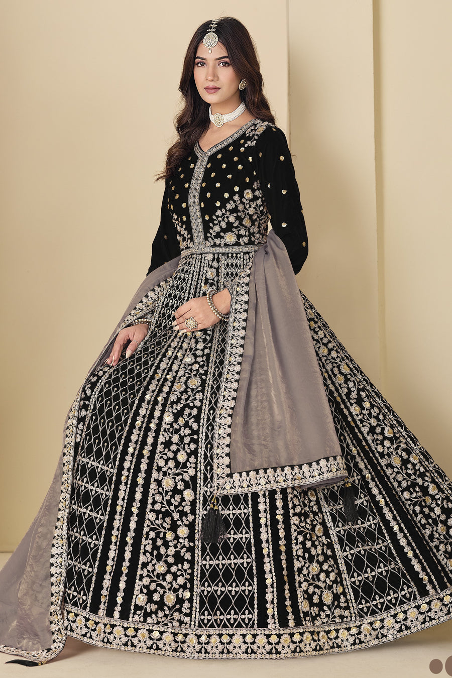 Black Velvet Suit Women Anarkali with Dori and Sequins Work