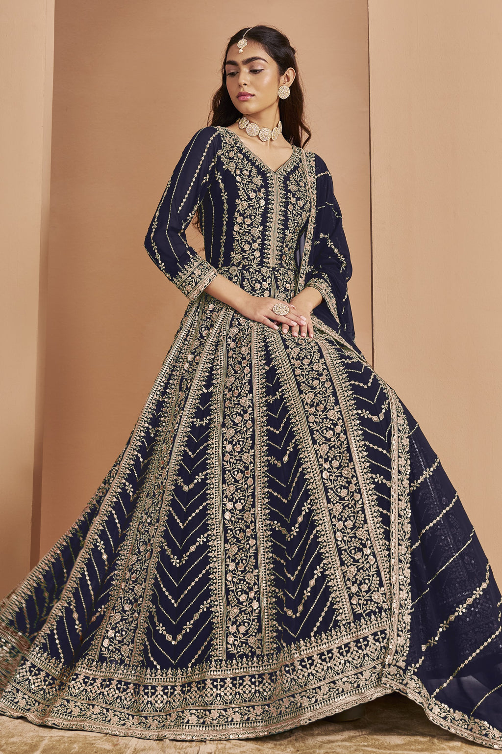 Navy Georgette Anarkali Dress for Reception with Thread and Sequins Work