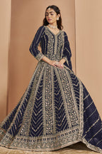 Navy Georgette Anarkali Dress for Reception with Thread and Sequins Work