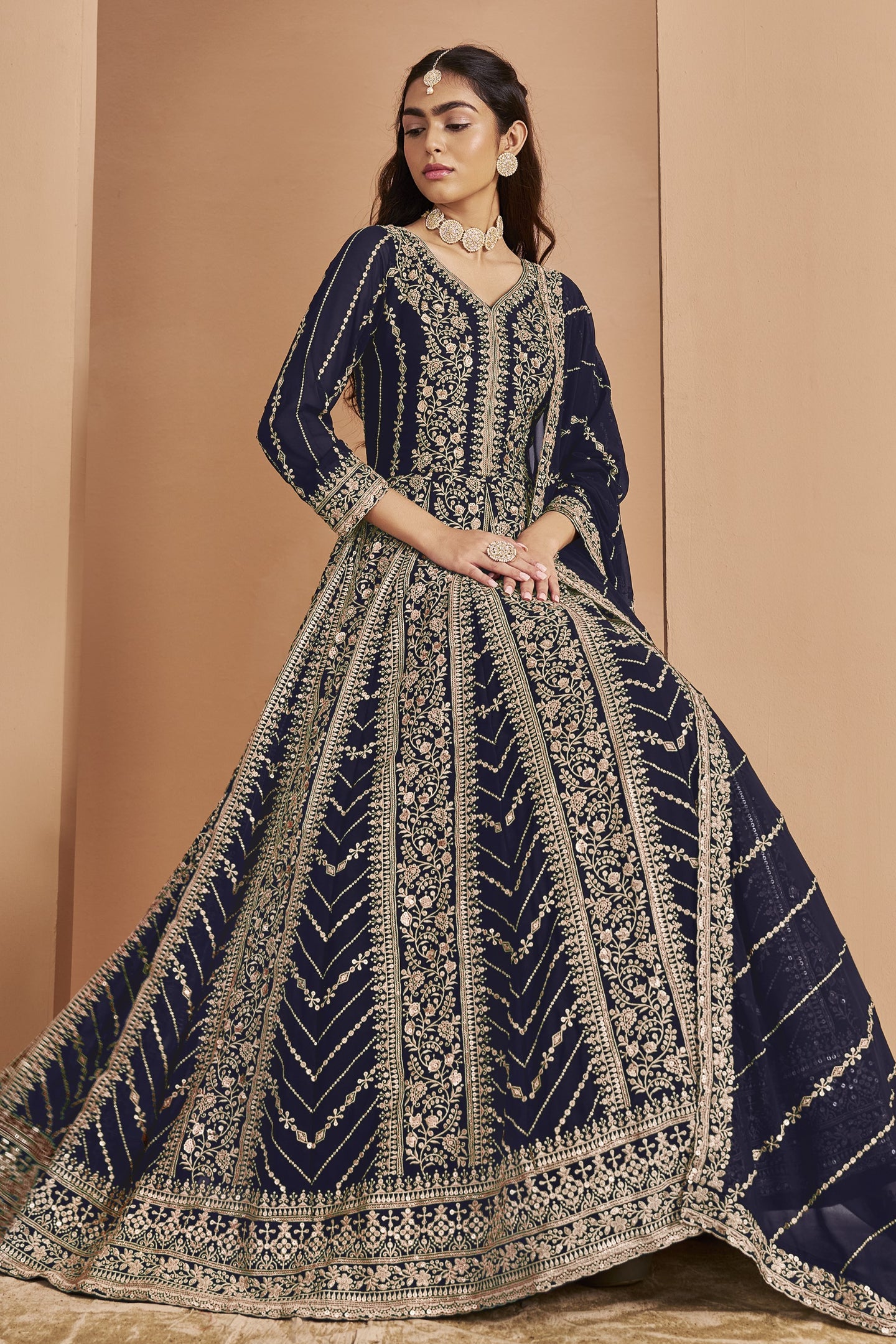 Navy Georgette Anarkali Dress for Reception with Thread and Sequins Work