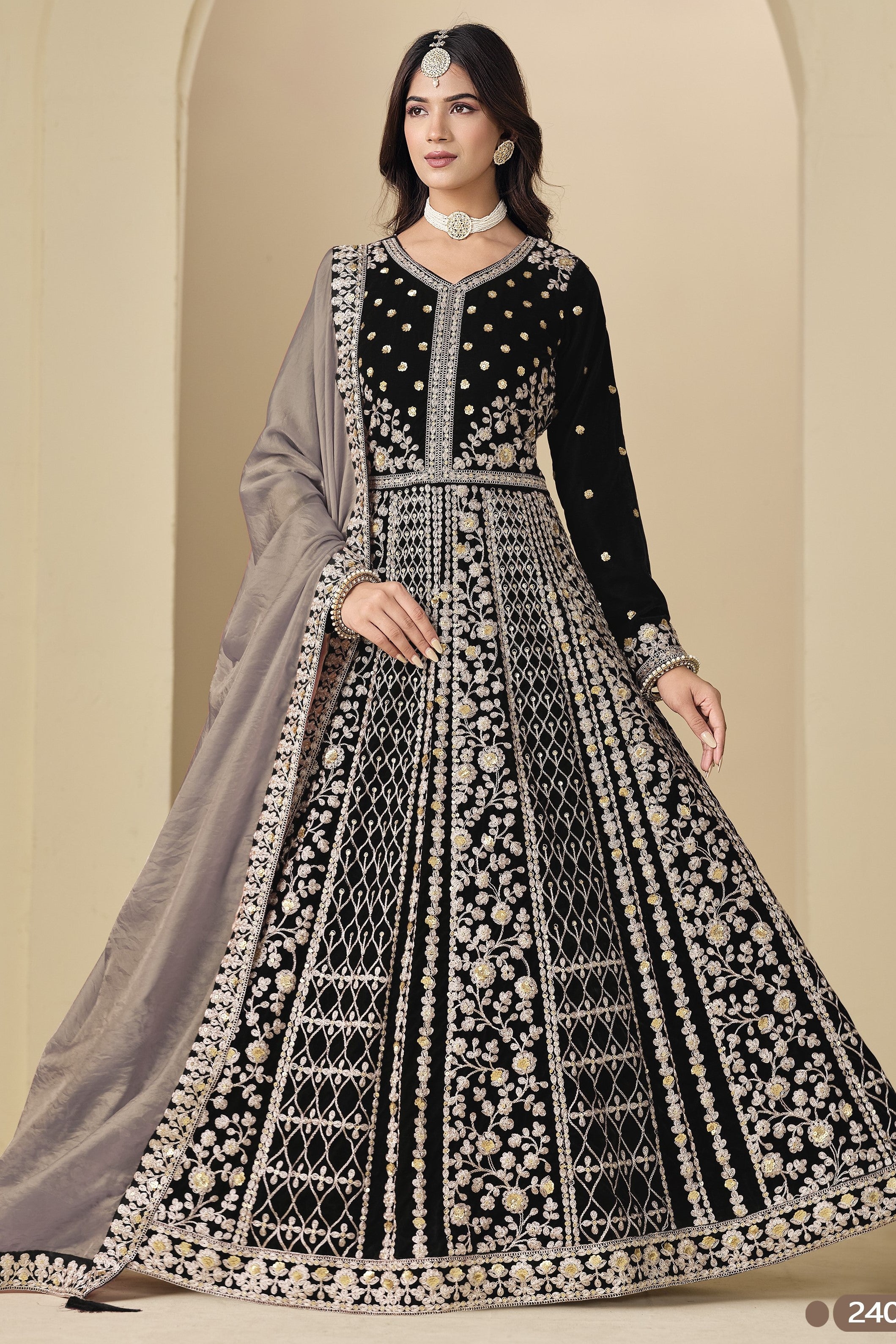 Black Velvet Suit Women Anarkali with Dori and Sequins Work