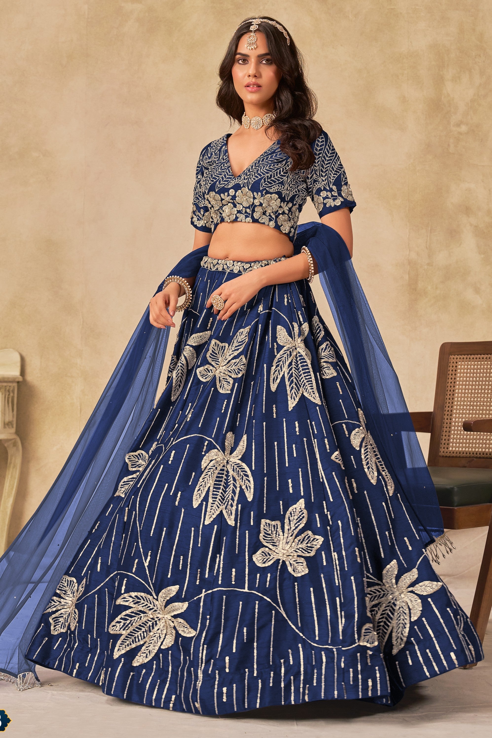 Blue Art Silk Lehenga Choli For Indian & Pakistani Wedding Festival - Sequins & Thread Embroidery Work