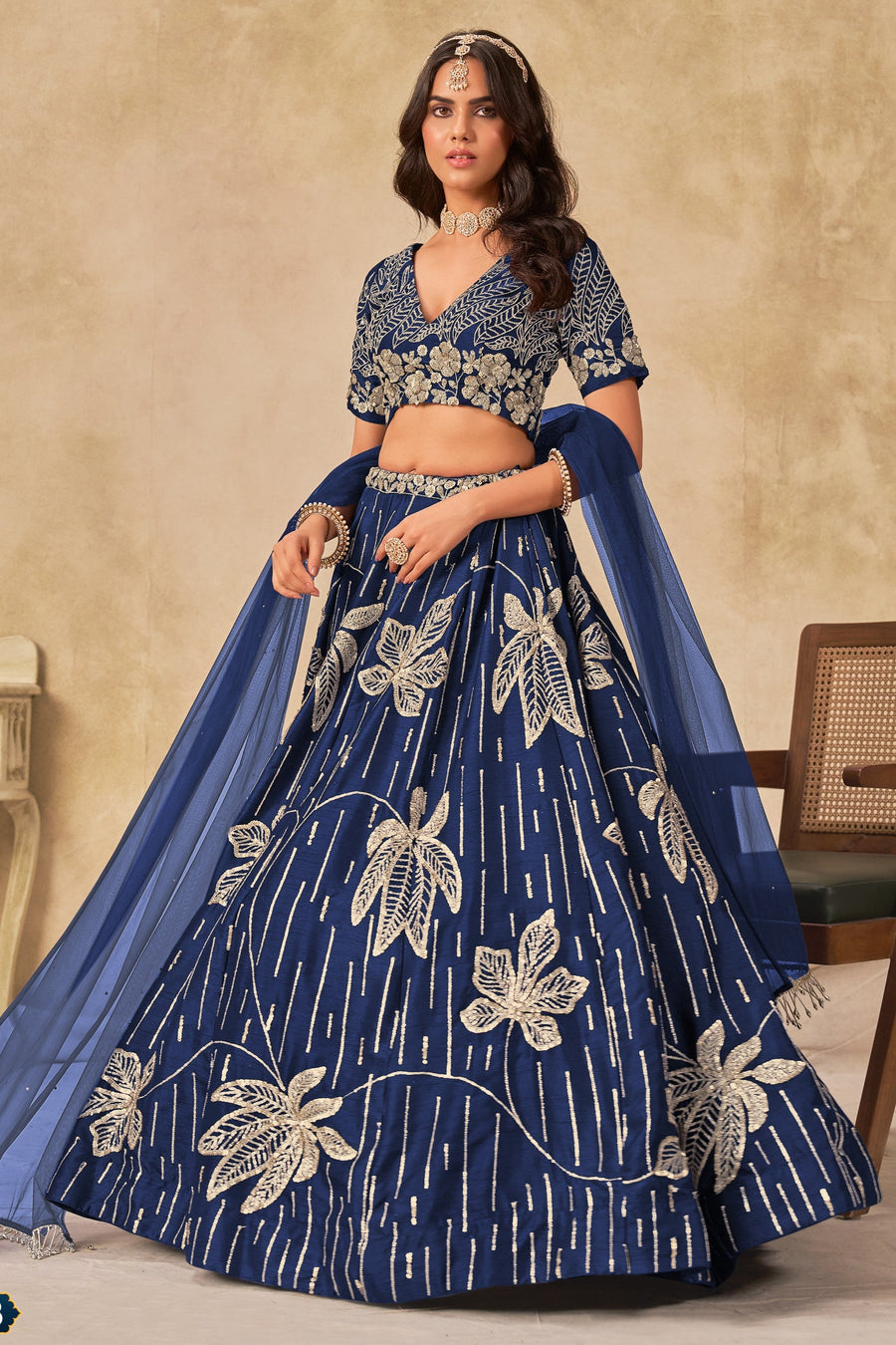 Blue Art Silk Lehenga Choli For Indian & Pakistani Wedding Festival - Sequins & Thread Embroidery Work