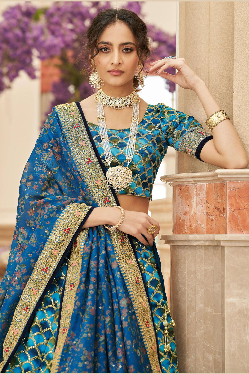 Blue Art Silk Lehenga Choli For Indian & Pakistani Wedding Festival - Sequins & Thread Embroidery Work, Dori Work, Zari Work