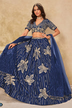 Blue Art Silk Lehenga Choli For Indian & Pakistani Wedding Festival - Sequins & Thread Embroidery Work